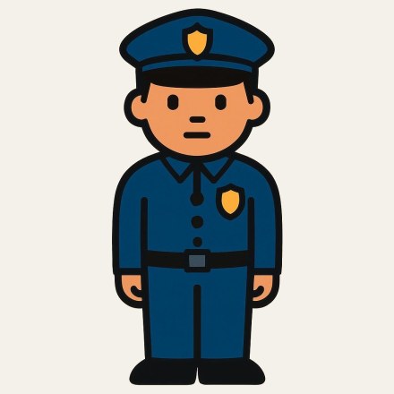 Picture 3 — A police officer standing, seen from the front, in a dark blue uniform and a peaked cap with a yellow badge, a second badge on the chest, black belt and shoes.