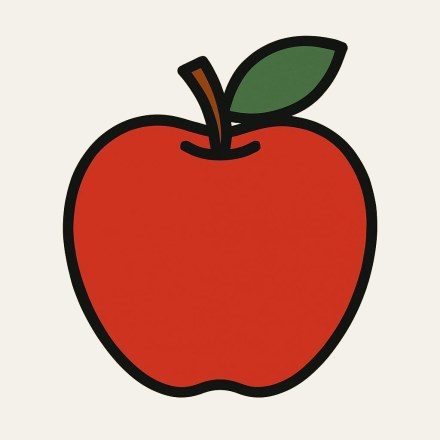A red apple with its stalk and a green leaf.