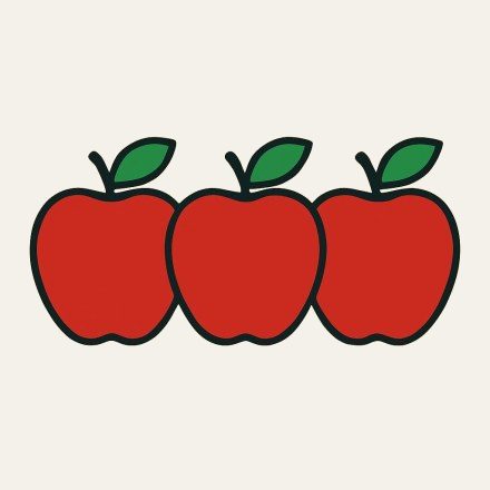 Three red apples in a row, each with a green leaf.