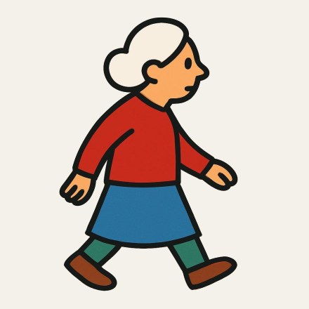 An elderly woman with white hair, in a red top and blue skirt, walking seen from the side.