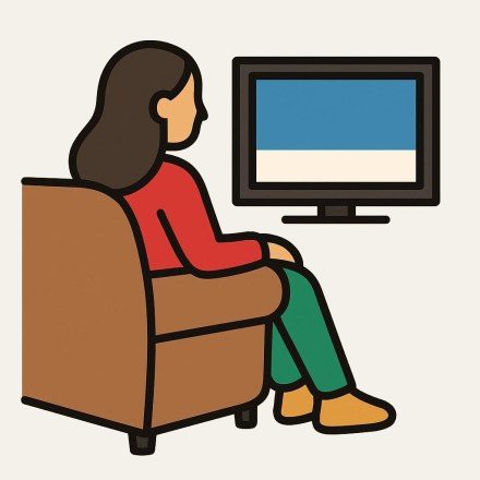 A woman sitting in an armchair, seen from behind, facing a switched-on television.