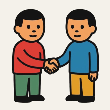 Picture 4 — Two men standing, seen from the front, shaking hands: the one on the left in a red top and green trousers, the one on the right in a blue top and ochre trousers.