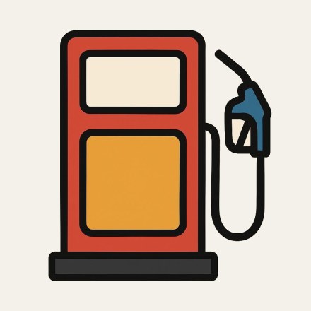 A red petrol pump with a cream panel and an ochre panel, a black hose and a blue nozzle at its side.