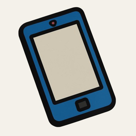 Picture 1 — A blue mobile phone with a pale blank screen, slightly tilted, with a small square button at the bottom.