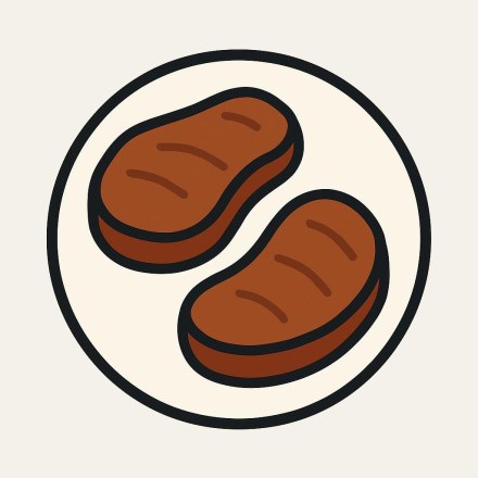 Two pieces of brown meat on a round cream plate.