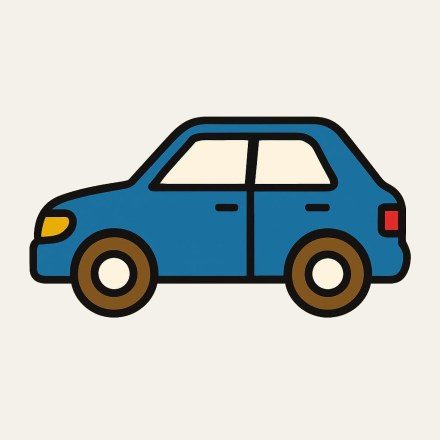 A blue car seen from the side, with brown wheels.