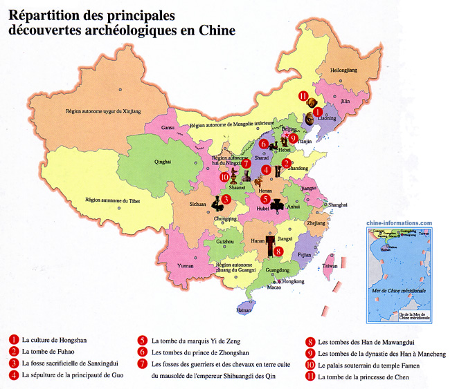 Carte des principales découvertes archéologiques en Chine