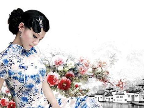 qipao bleue chysanthèmes
