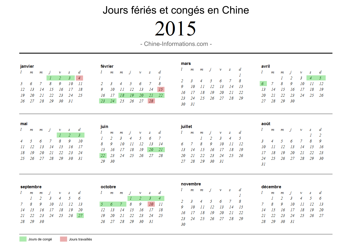 congés & jours fériés en Chine 2015