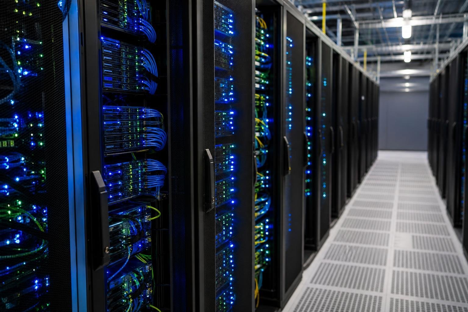 Rangées de serveurs informatiques dans un centre de données, éclairées de bleu et de vert
