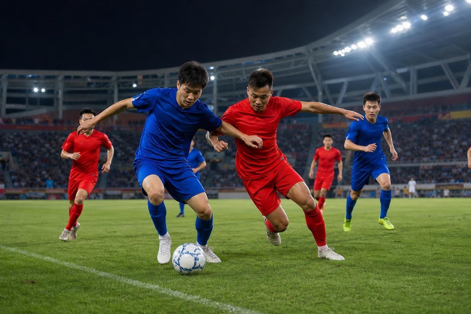 Match de football nocturne dans un stade chinois, joueurs anonymes disputant un ballon sous les projecteurs.