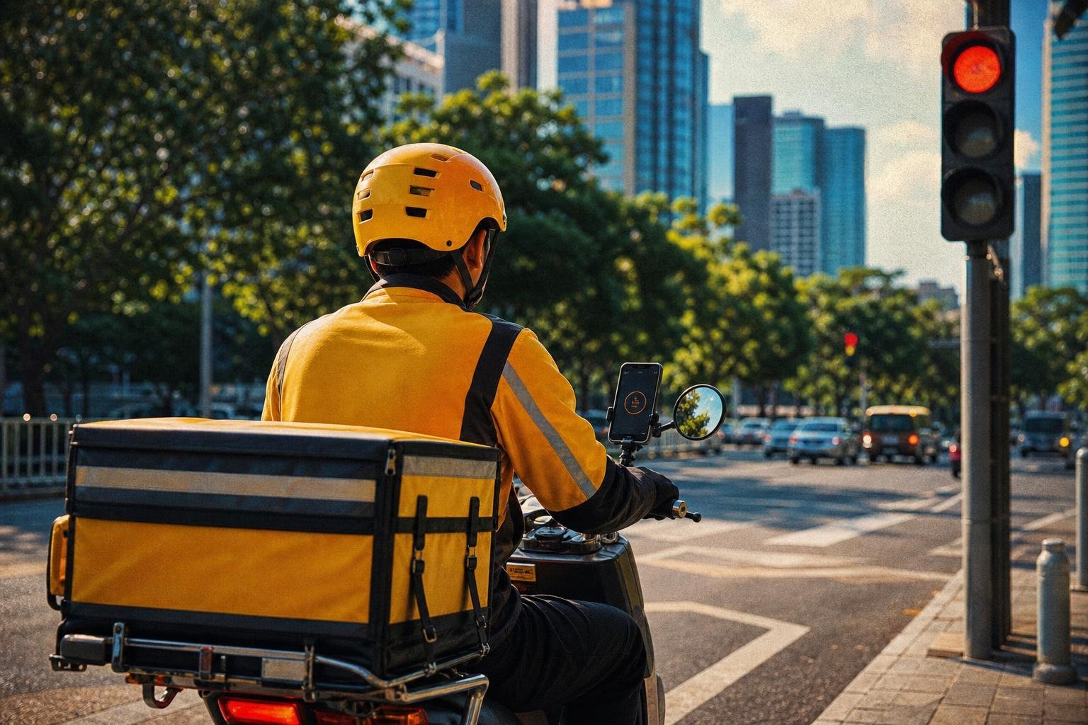 Un coursier à vélo électrique arrêté au feu rouge, un téléphone fixé au guidon