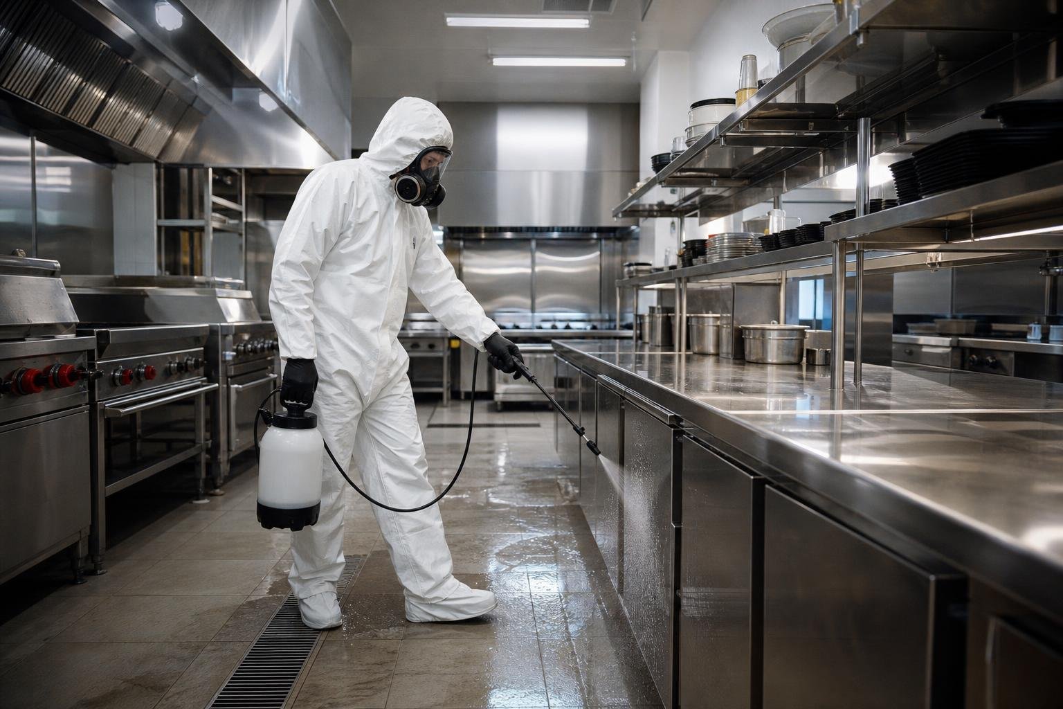 Technicien en combinaison de protection pulvérisant un désinfectant dans une cuisine de restaurant vide, la nuit