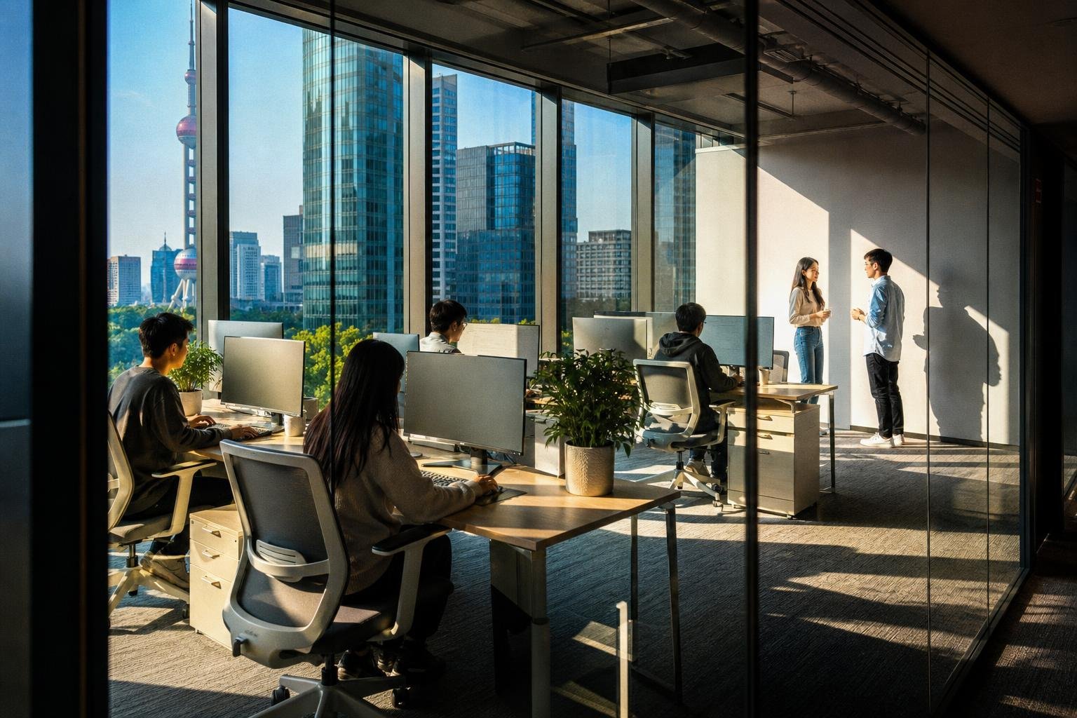 Plateau de bureaux vu à travers une cloison vitrée : quatre personnes travaillent devant des écrans vus de dos, à des tables de bois clair ; deux autres discutent debout contre un panneau blanc ensoleillé ; au fond, une baie vitrée ouvre sur des gratte-ciel et une tour surmontée de sphères.