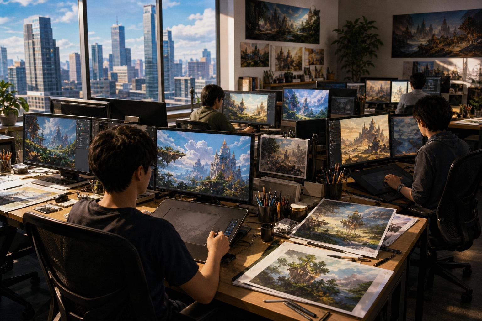 Salle d'un studio de développement de jeux vidéo, écrans allumés et vue sur des tours en fin de journée