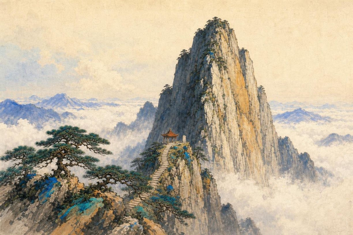 Peinture : un haut piton rocheux gris et ocre émergeant d'une mer de nuages ; sur un éperon en contrebas, un petit pavillon à toit rouge qu'un escalier de pierre rejoint, et au premier plan un grand pin tortueux accroché aux rochers.