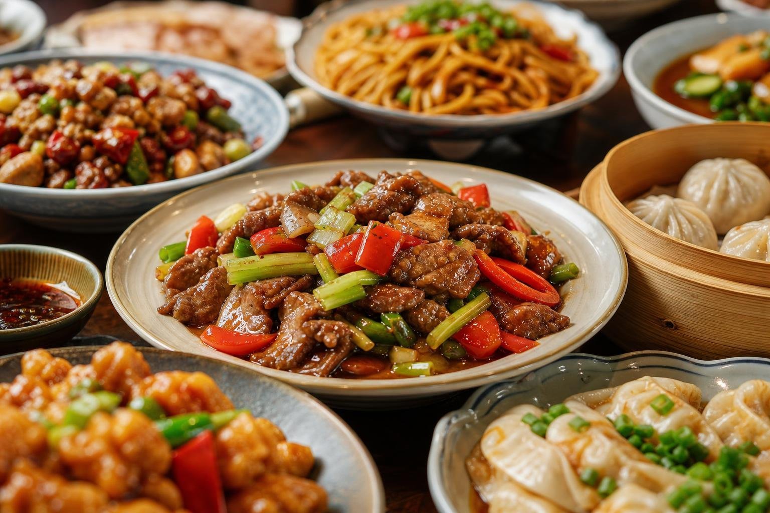 Une tablée de plats chinois : au centre, du bœuf sauté au céleri et au poivron rouge ; autour, des dés de poulet aux piments séchés, des nouilles sautées, un panier de bambou de bouchées à la vapeur et une assiette de raviolis