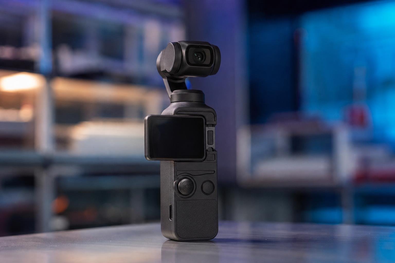 Une caméra compacte à cardan sur fond neutre, en studio