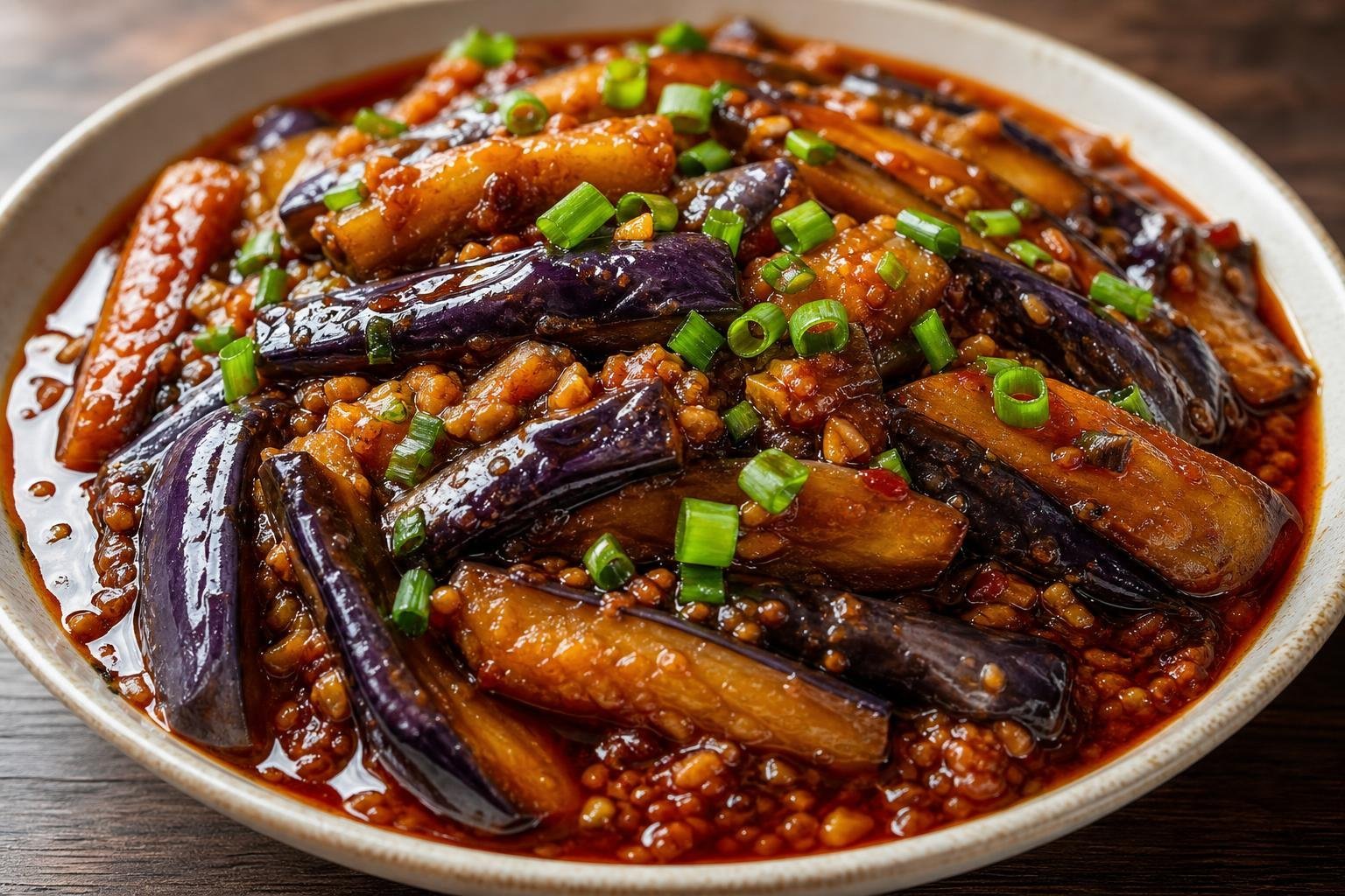 Quartiers d’aubergine violette braisés dans une sauce rouge à la viande hachée, parsemés de ciboule, dans un plat creux