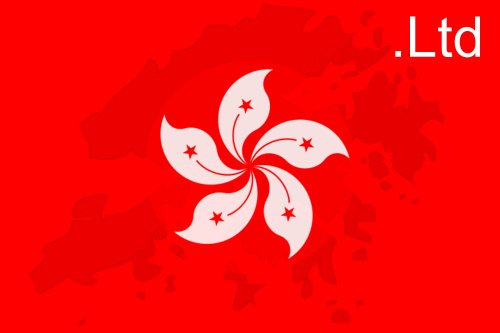 Sur fond rouge, la fleur de bauhinia blanche à cinq pétales du drapeau de Hong Kong, chaque pétale portant une petite étoile rouge, posée sur la silhouette plus sombre du territoire ; en haut à droite, la mention « .Ltd » en blanc.