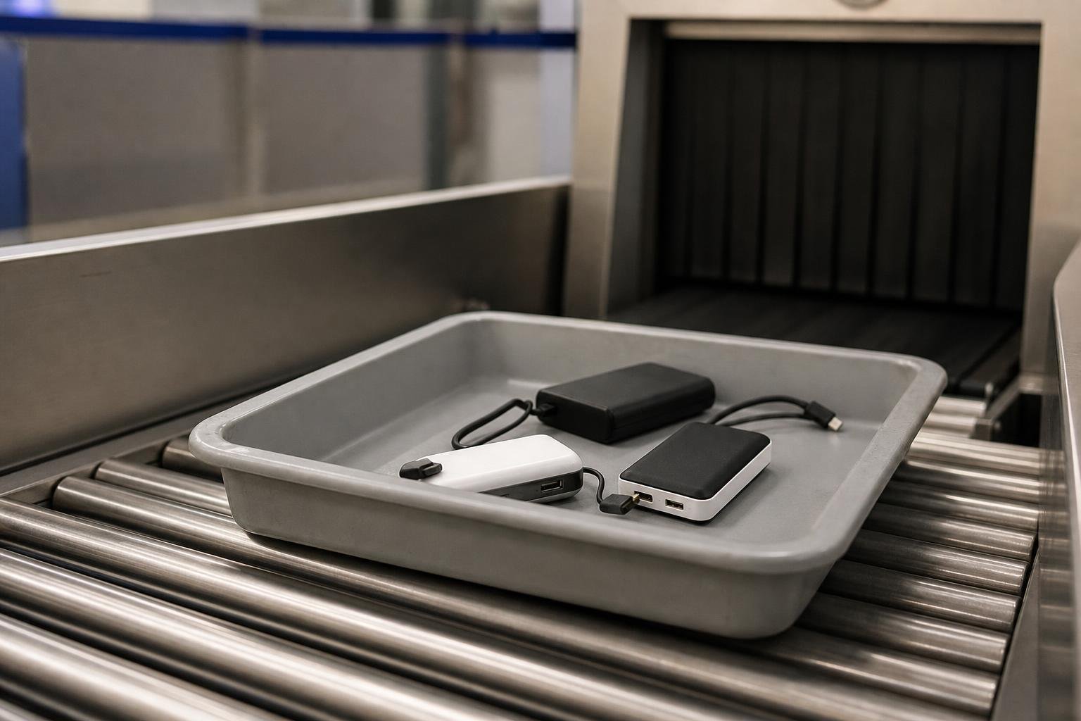 Trois batteries externes, une blanche et deux noires, posées avec leurs câbles dans un bac gris sur les rouleaux d'un appareil de contrôle par rayons X.