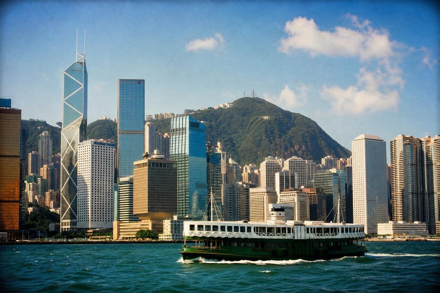 Baie de Hong Kong par ciel bleu : une ligne serrée de gratte-ciel de verre et de béton, dont une tour anguleuse à croisillons blancs, adossée à une colline verte ; au premier plan, un ferry à deux ponts vert et blanc traverse l'eau en laissant un sillage.