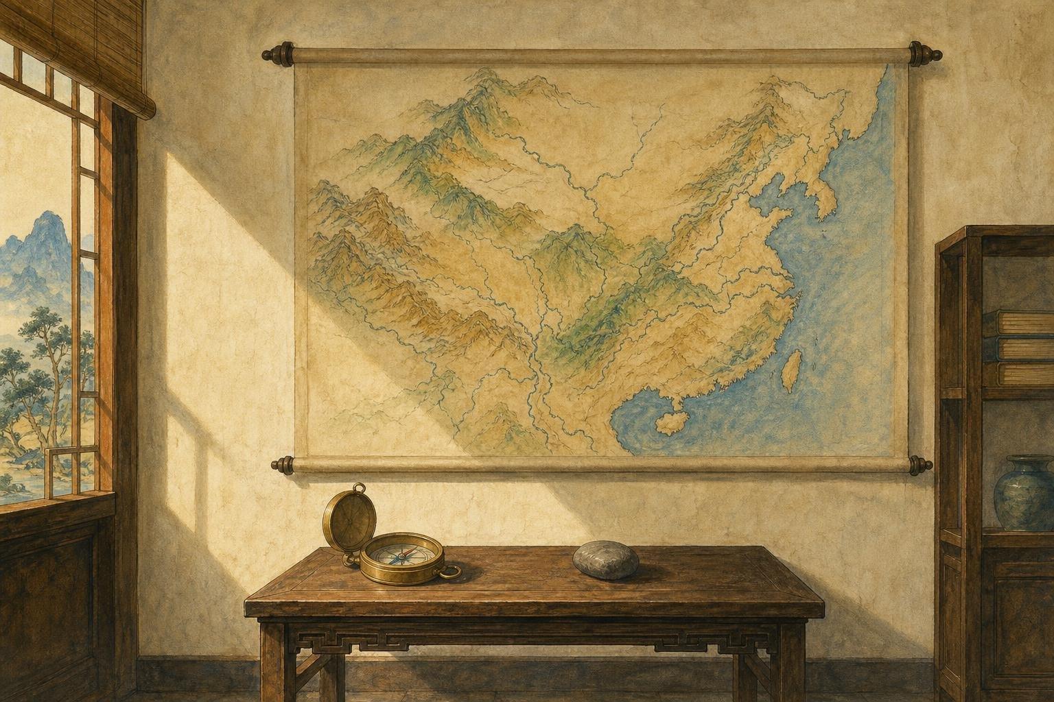 Peinture : une carte de la Chine suspendue au mur d'un cabinet de travail, reliefs ocre et verts et fleuves bleus sans aucun nom de lieu ; sur la table en dessous, une boussole de laiton ouverte.