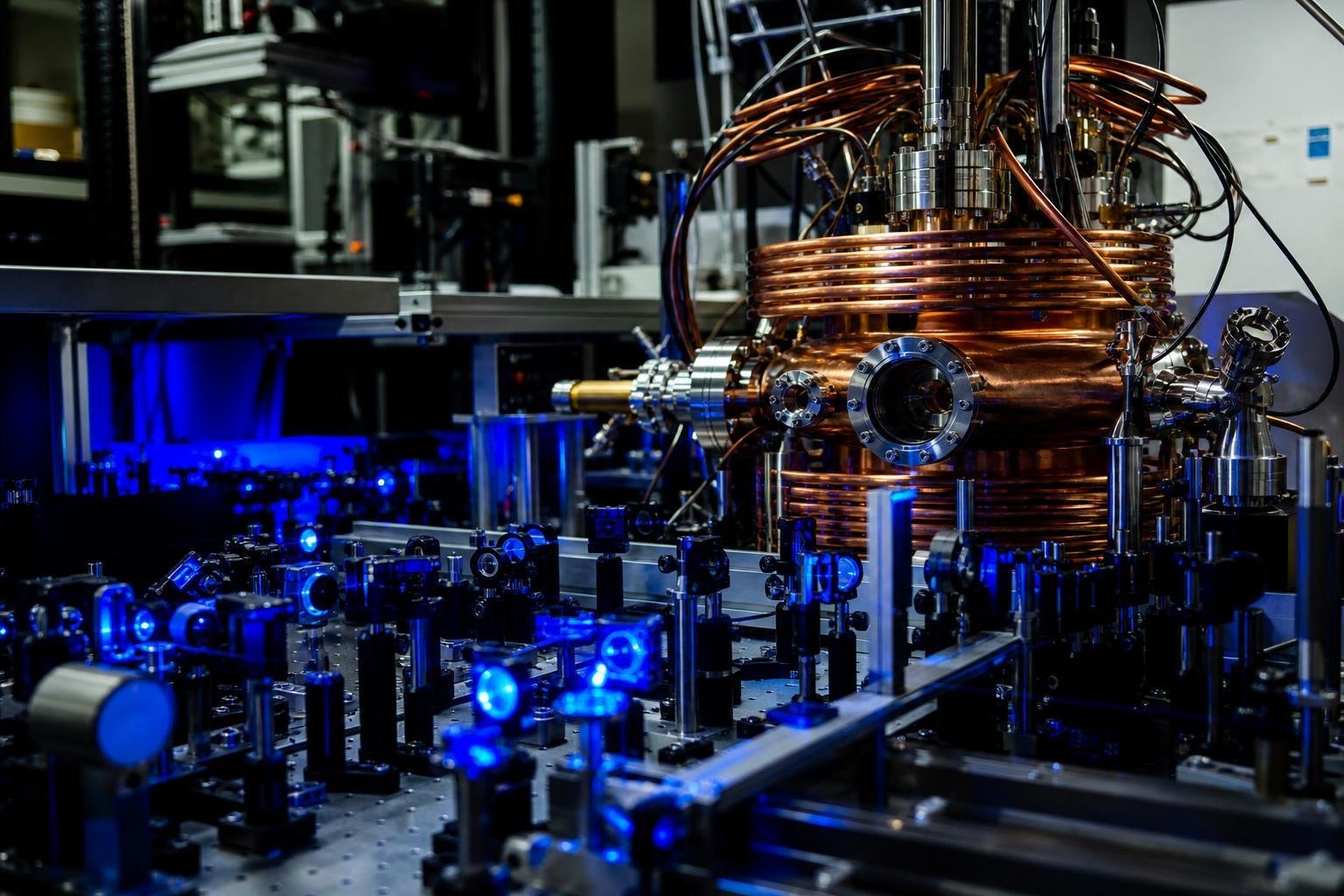 Table optique d'un laboratoire de physique quantique, avec lasers et miroirs pour une expérience d'atomes ultrafroids