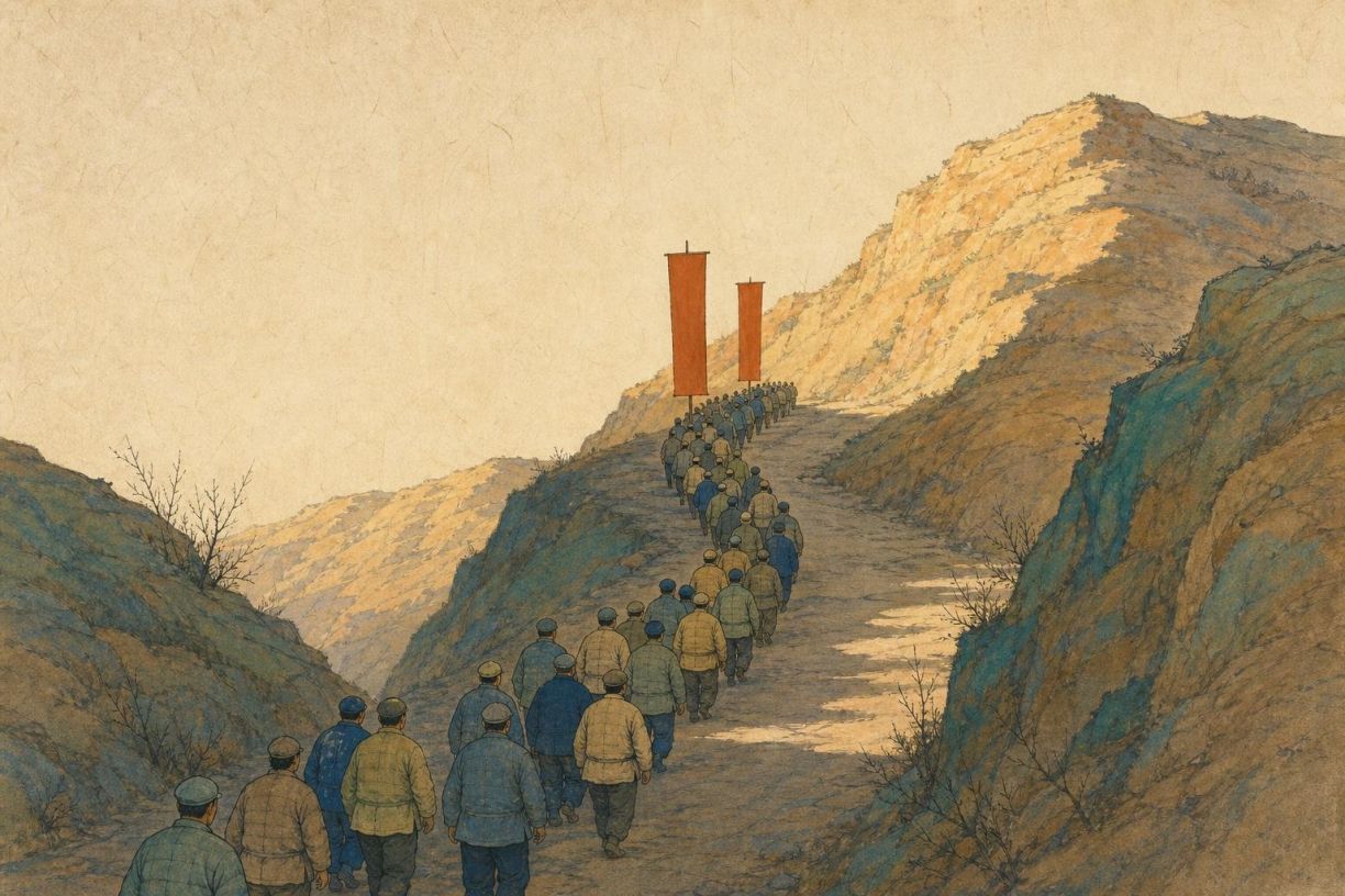 Peinture : une longue colonne d'hommes en vestes de coton matelassé et casquettes de toile, vus de dos, gravit un chemin de terre entre des collines pelées ; en tête, deux hautes bannières rouges unies, sans inscription. Ciel vide, versant éclairé à droite.