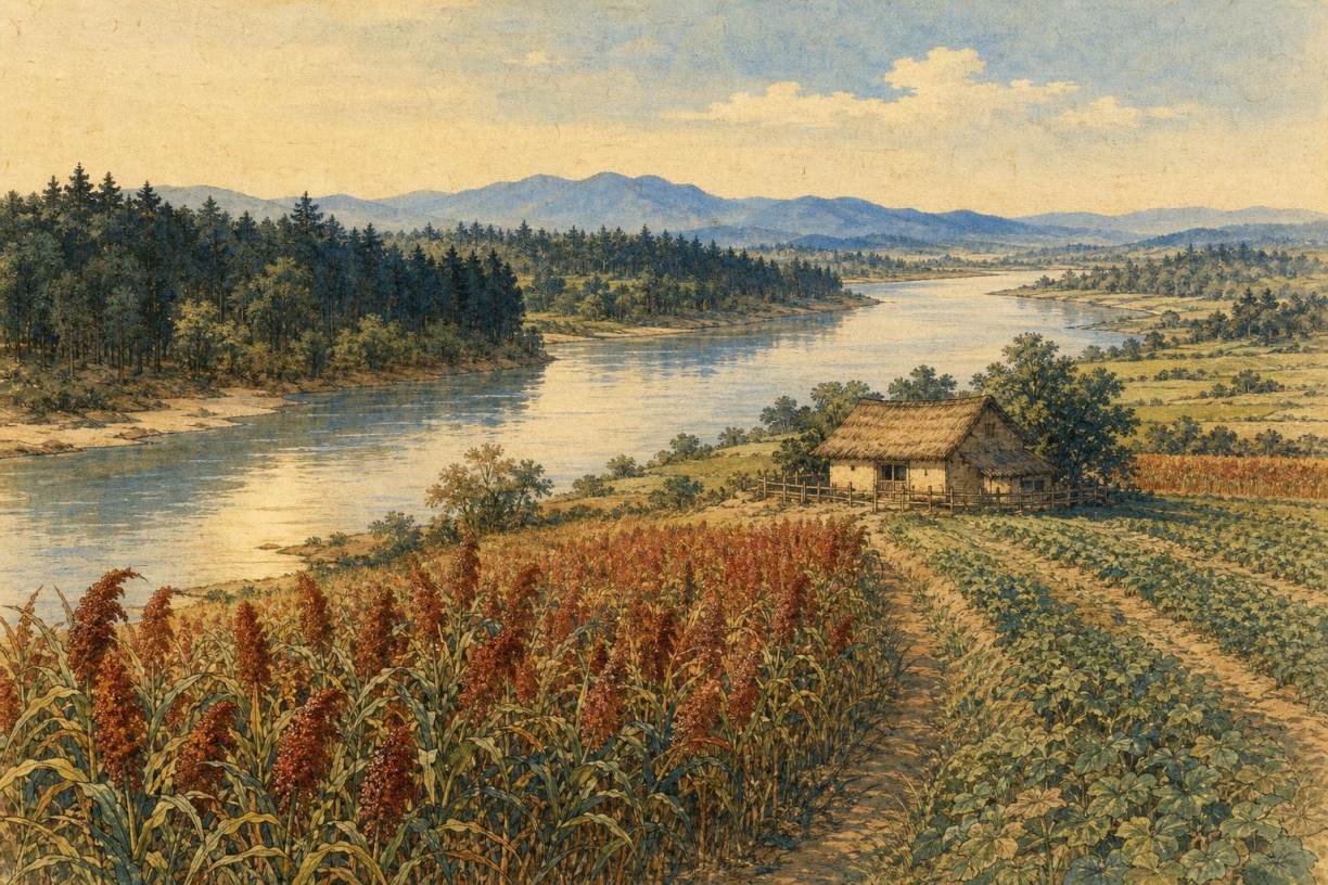Peinture : une large rivière serpentant entre des forêts de conifères jusqu'à des collines bleues ; au premier plan, un champ de sorgho aux épis roux et des rangs de soja séparés par un chemin de terre, et une ferme basse à toit de chaume entourée d'une clôture de bois.