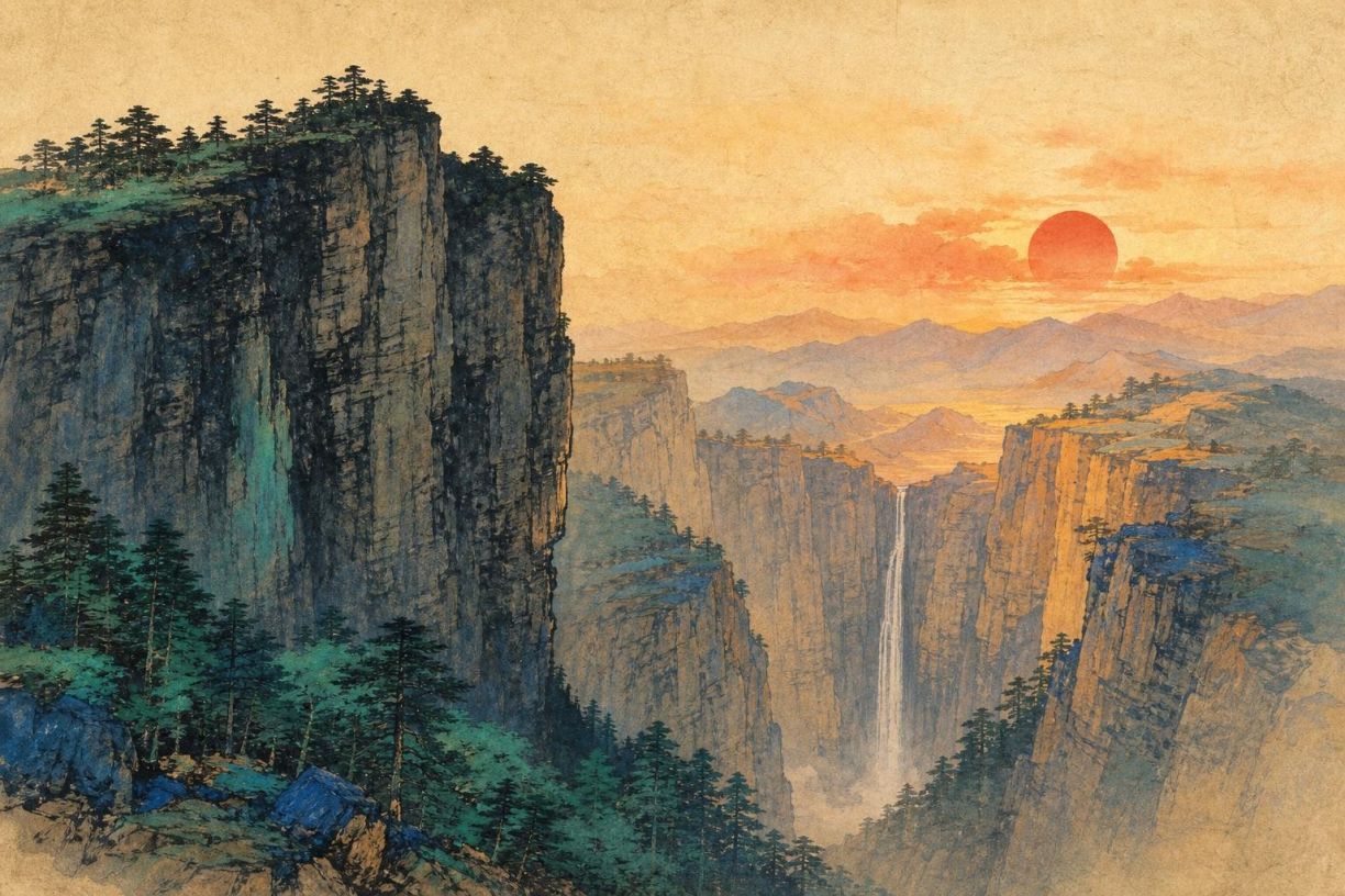 Peinture : au lever du soleil, de hautes falaises stratifiées fermant une gorge profonde, des pins accrochés aux corniches ; une mince cascade tombe dans le ravin au centre, et un large soleil rouge se lève au-dessus de crêtes bleues étagées dans un ciel orangé.