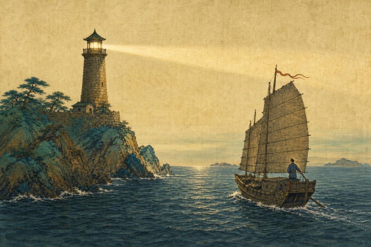 Peinture : sur un promontoire rocheux planté de pins, un phare de pierre coiffé d'un petit toit de tuiles projette un large faisceau clair au-dessus de la mer ; à droite, une jonque de bois à voiles lattées, un homme debout de dos à la barre, sous un ciel doré au ras de l'horizon.