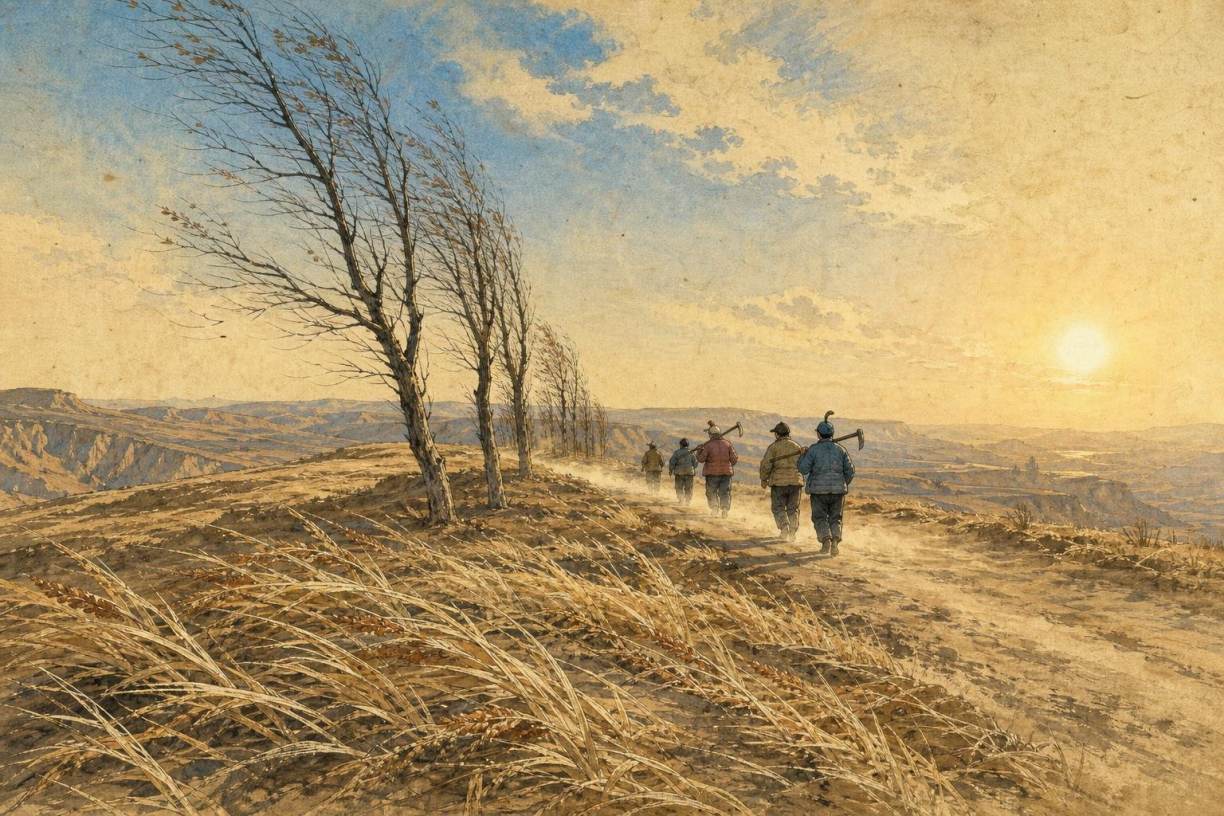 Peinture : sur un plateau de lœss au soleil couchant, cinq hommes en vestes matelassées, la houe sur l'épaule, s'éloignent de dos sur un chemin de terre poussiéreux ; à gauche, une rangée d'arbres nus couchés par le vent, et les herbes sèches toutes rabattues au premier plan.