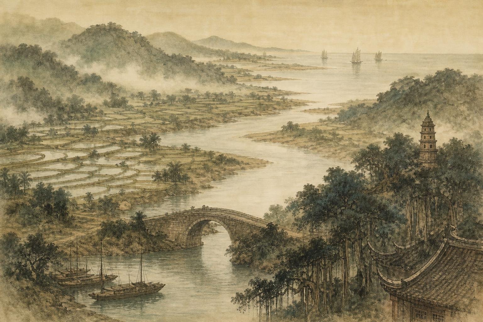 Peinture à l'encre : une rivière côtière serpente vers la mer entre des collines brumeuses, avec un pont de pierre et une pagode.
