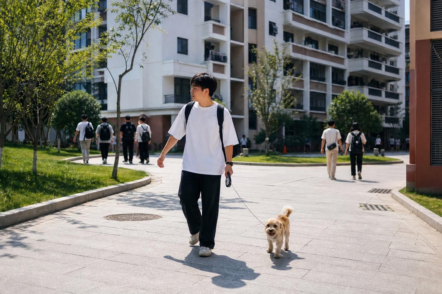 Un étudiant promène un chien dans la cour d'une résidence universitaire en Chine (photo d'illustration).