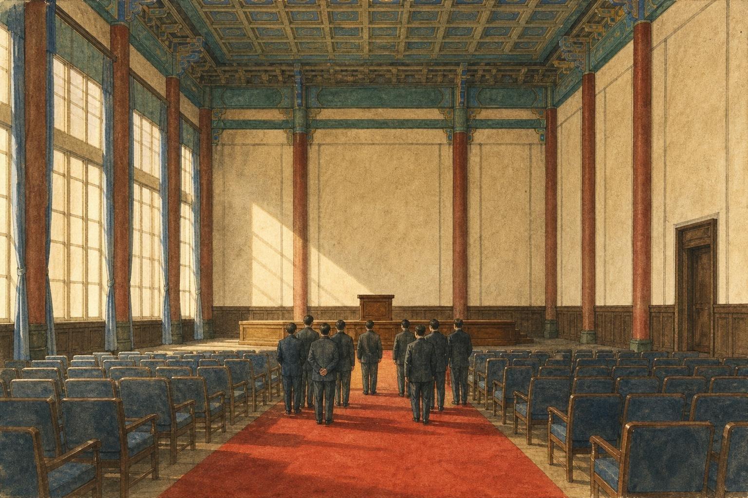 Peinture : dans une vaste salle d'assemblée aux colonnes rouges, une dizaine d'hommes en costume sombre, vus de dos, se tiennent sur le tapis rouge de l'allée centrale, face à une estrade portant un pupitre.