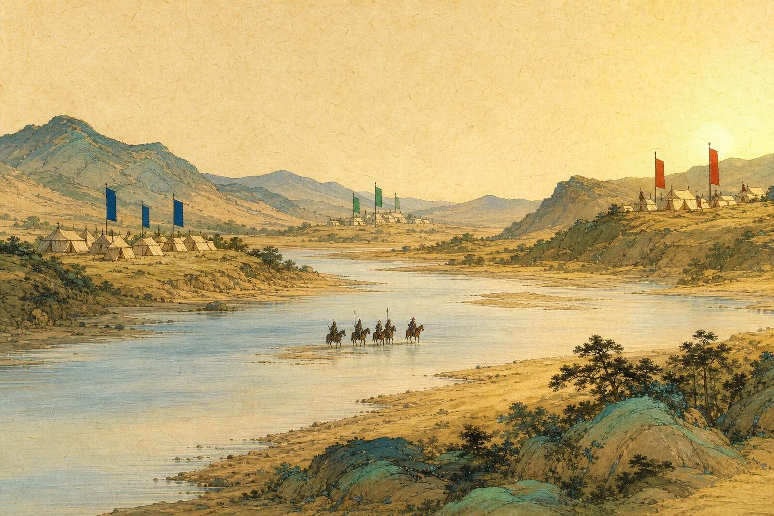 Peinture : trois campements de tentes blanches sur trois hauteurs d'une vallée, sous des bannières unies bleues, vertes et rouges ; au premier plan, des cavaliers en armure traversent la rivière à gué.