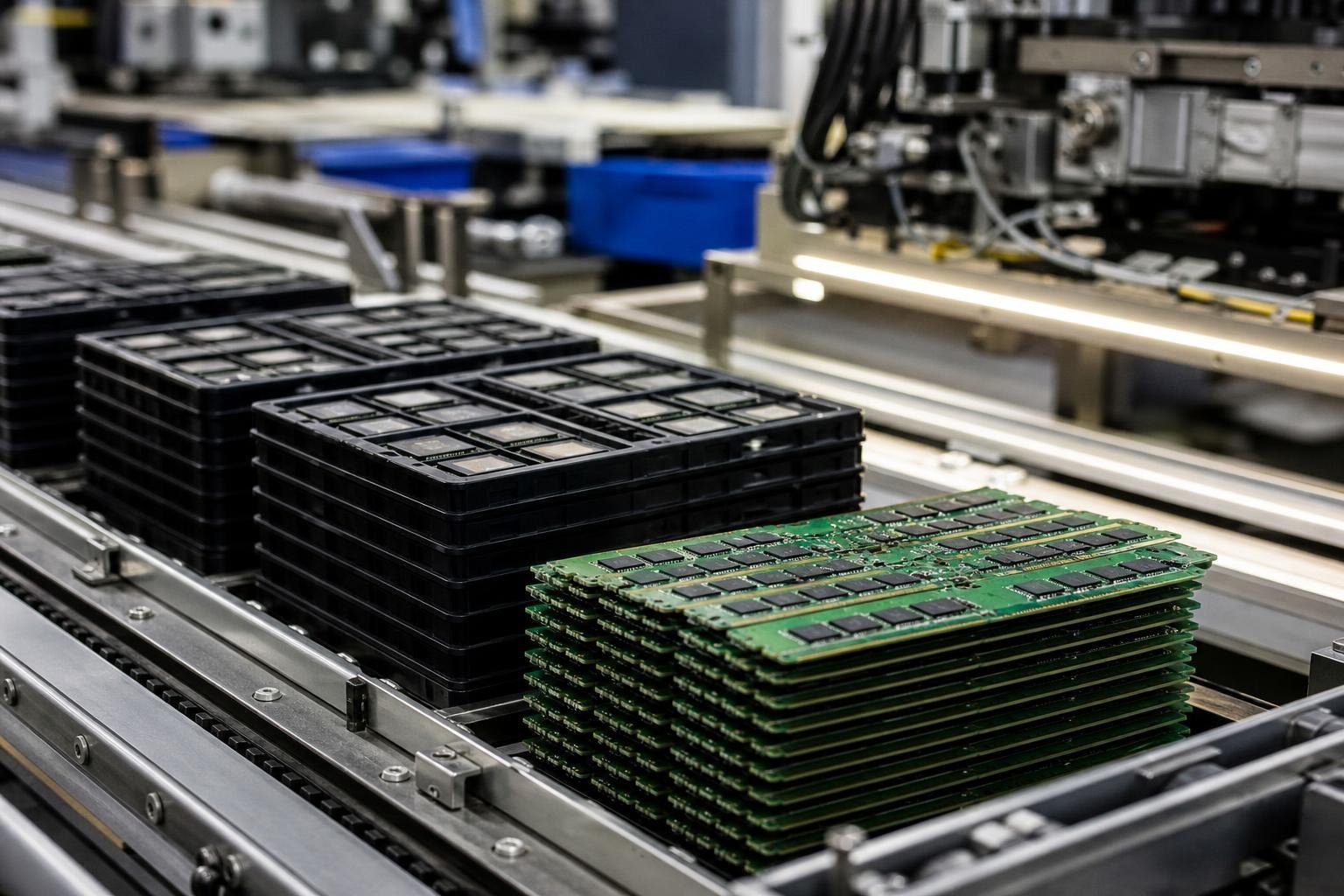 Puces électroniques et modules de mémoire sur une ligne de production, photo d'illustration.