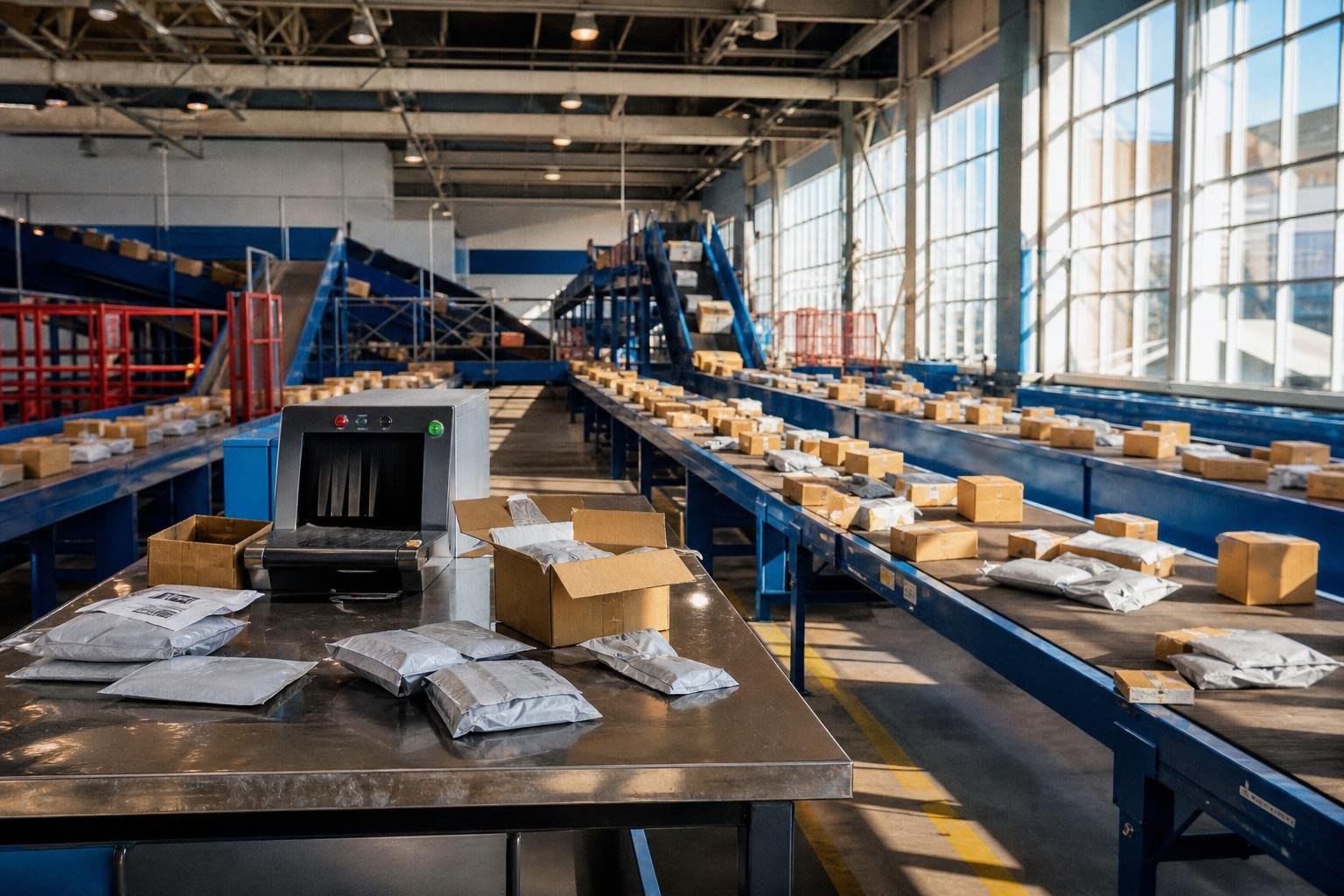 Tapis roulants bleus chargés de cartons et de pochettes plastique grises dans un vaste hall de tri, avec une table d’inspection, des colis ouverts et un scanner à rayons X au premier plan.
