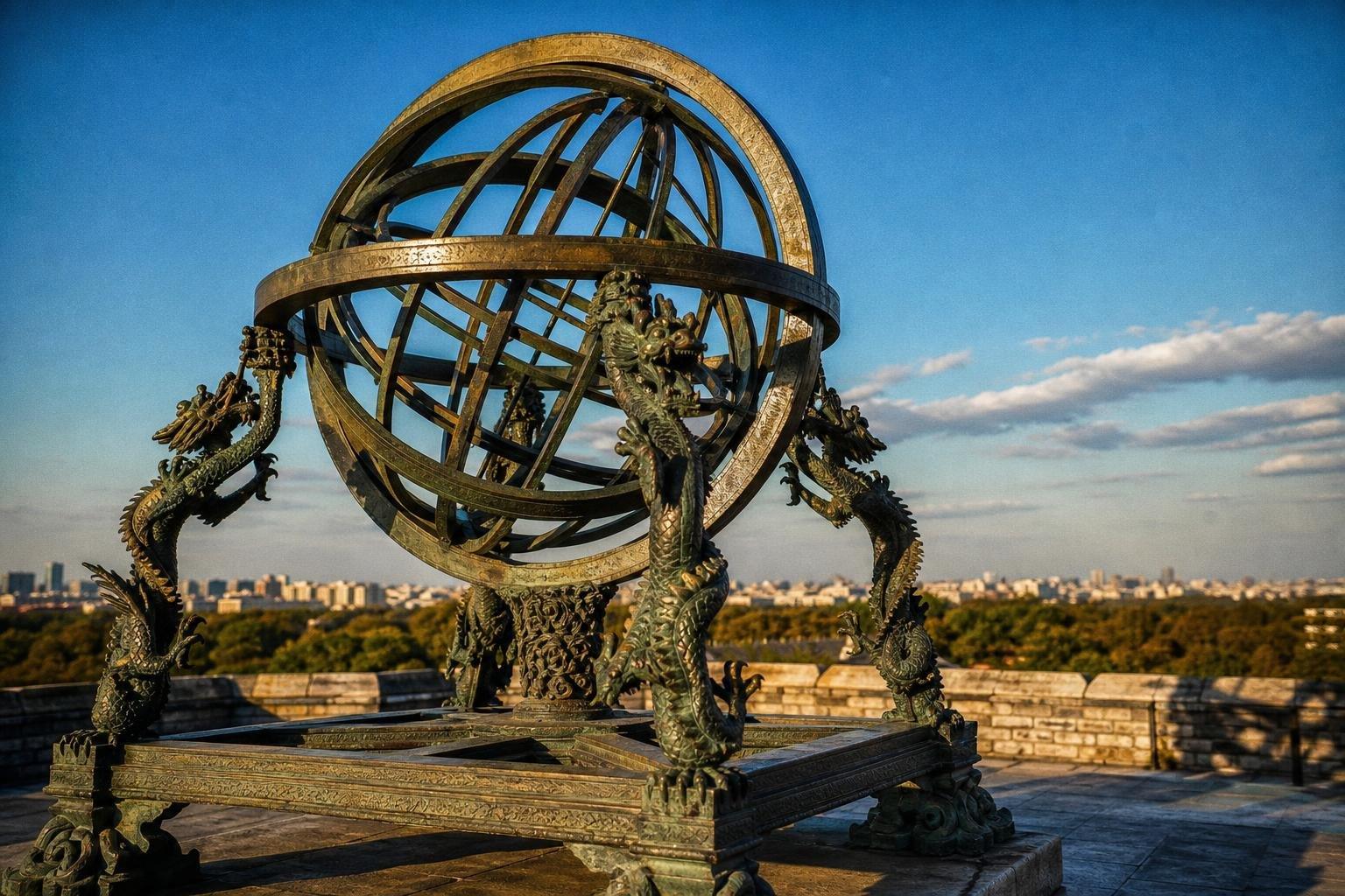 Grande sphère armillaire en bronze posée sur la terrasse de l'Observatoire ancien de Pékin
