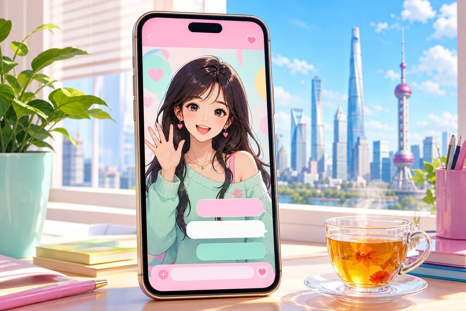 Un téléphone posé debout sur un bureau ensoleillé ; son écran montre une jeune femme dessinée à la manière d’un manga, souriante, qui fait un signe de la main dans une interface de conversation rose aux bulles vides. Derrière la fenêtre, les tours de Shanghai par temps clair.