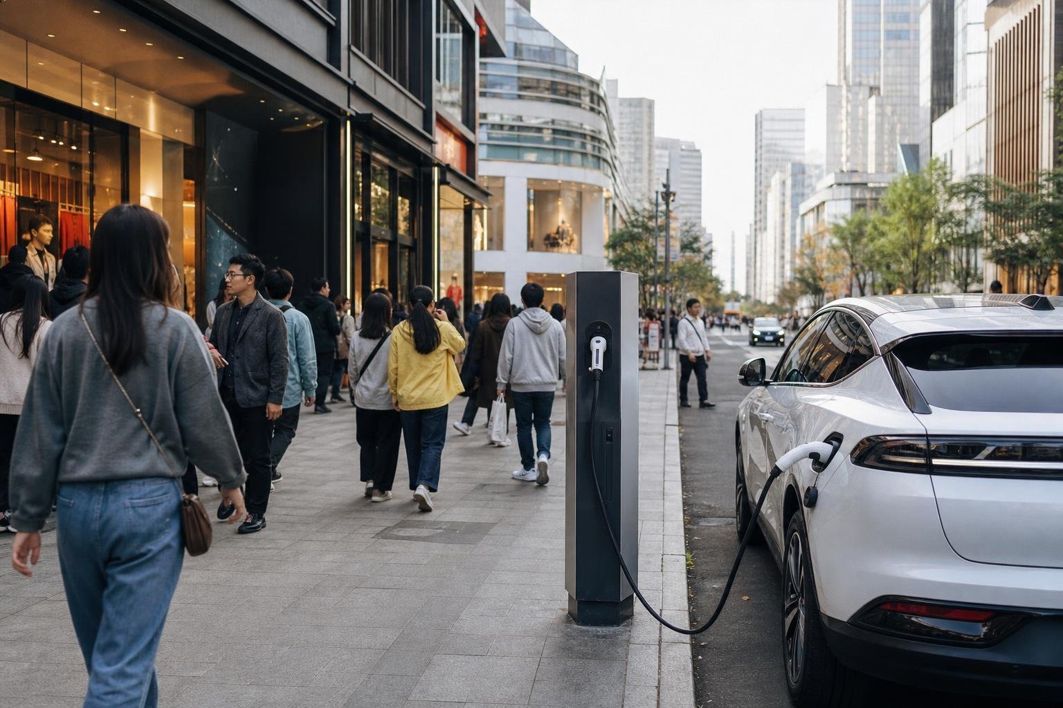 Rue commerçante animée en Chine avec une voiture électrique en recharge