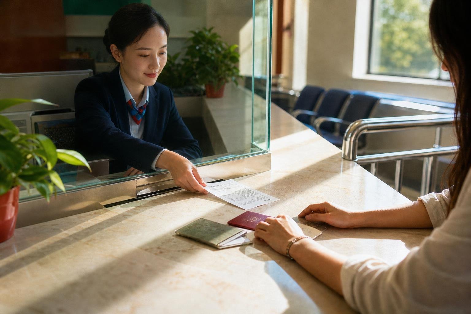 Guichet de change d'une agence bancaire : derrière une vitre, une employée en veste bleu marine glisse un imprimé sous la glace ; au premier plan, les mains d'une cliente posées sur le comptoir de pierre claire à côté de deux passeports, dans la lumière du jour.