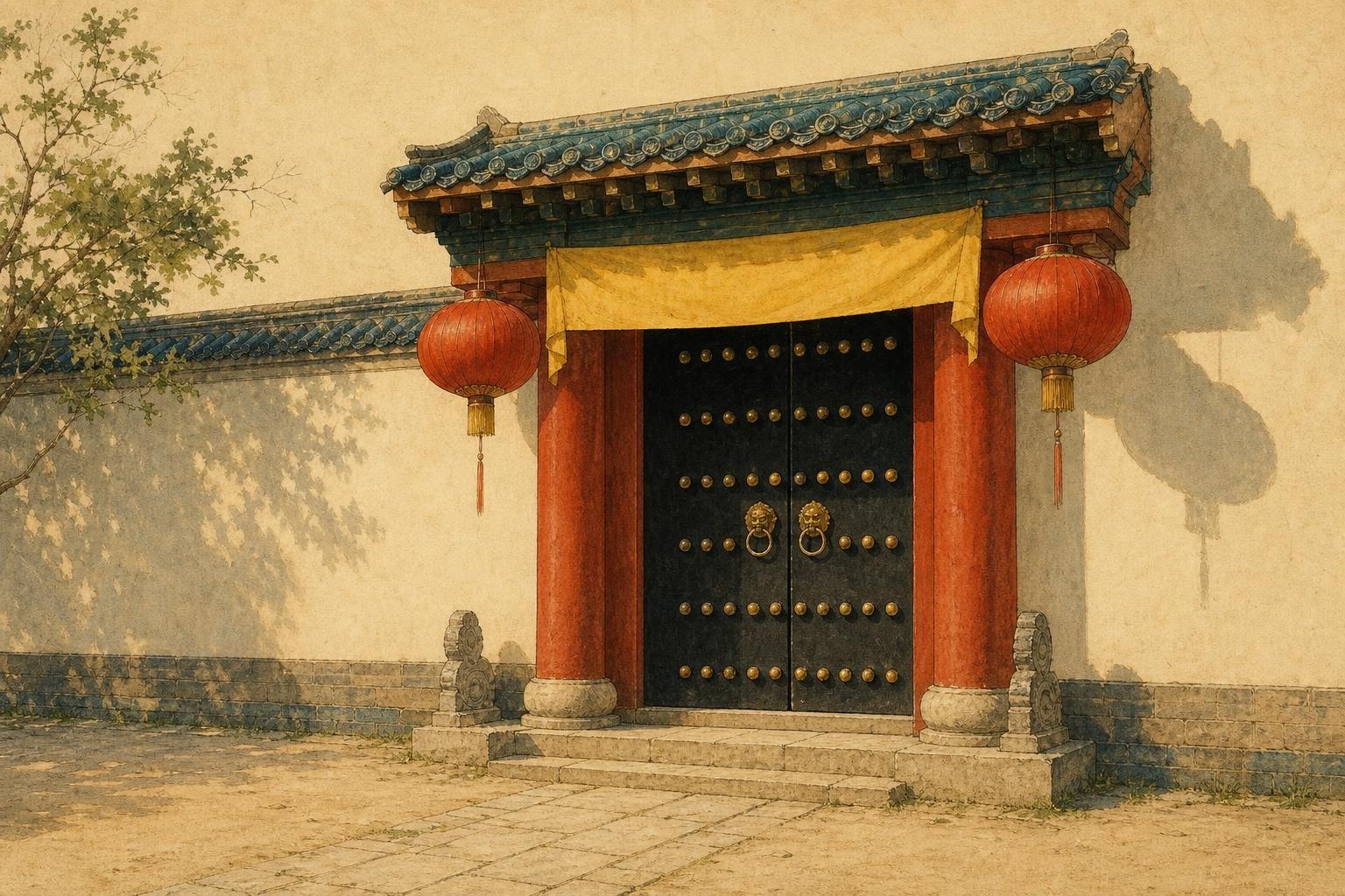 Peinture : la porte d'une maison chinoise, deux battants noirs cloutés de bronze doré entre des colonnes vermillon, une étoffe jaune tendue au-dessus du linteau et une lanterne rouge de chaque côté.