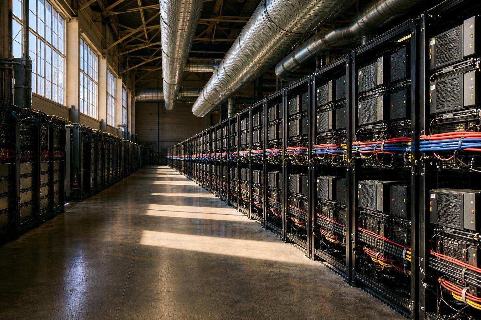 Longue allée d'un hall industriel bordée de racks noirs remplis de machines identiques, reliées par des faisceaux de câbles rouges, bleus et jaunes ; de gros conduits de ventilation cylindriques courent au plafond, et la lumière des fenêtres tombe en bandes sur le sol de béton.