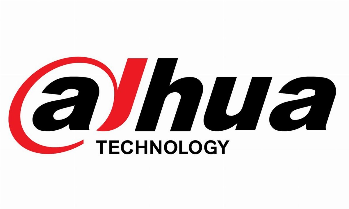 Logo de Dahua Technology, mot noir avec anneau rouge autour du a et jambage rouge du h
