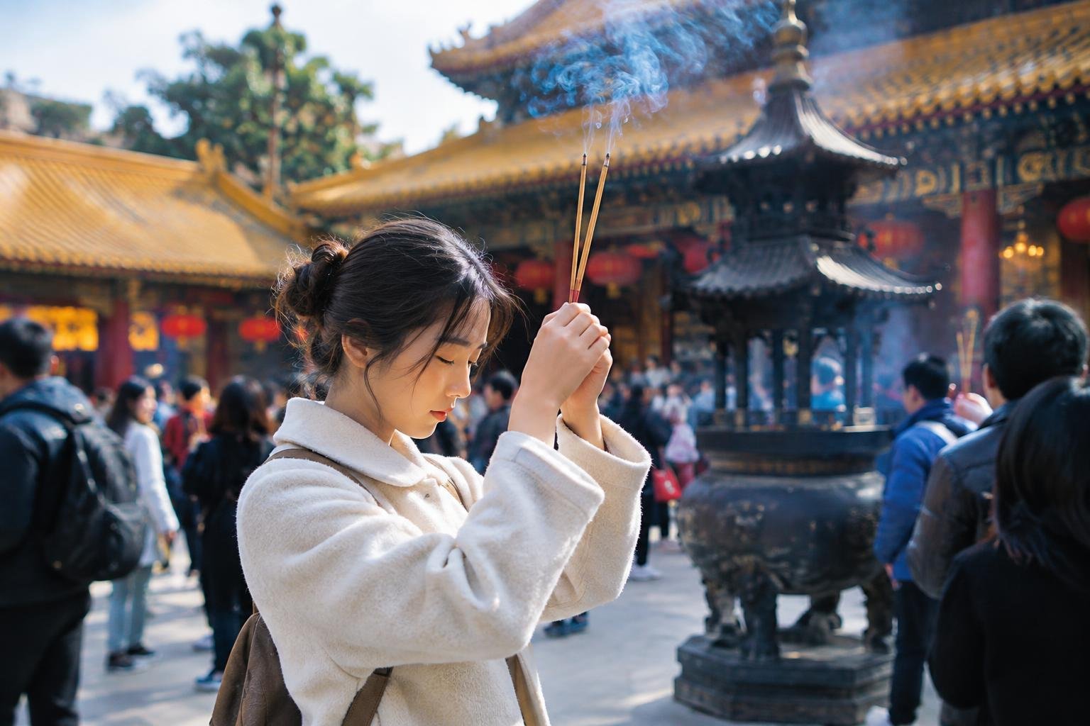 Une jeune femme tient trois bâtonnets d'encens allumés dans un temple chinois