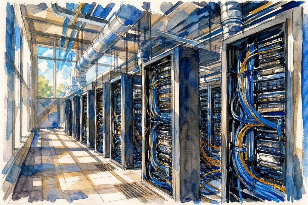 Aquarelle d'une allée de salle informatique bordée de baies de serveurs aux câbles bleus et jaunes, sous des gaines de ventilation, avec une verrière ouverte sur le ciel à gauche