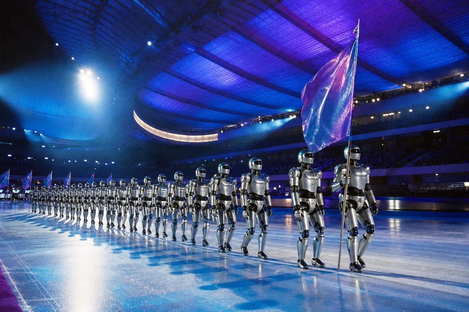 Des robots humanoïdes en formation sur la glace d'une salle de patinage de vitesse illuminée