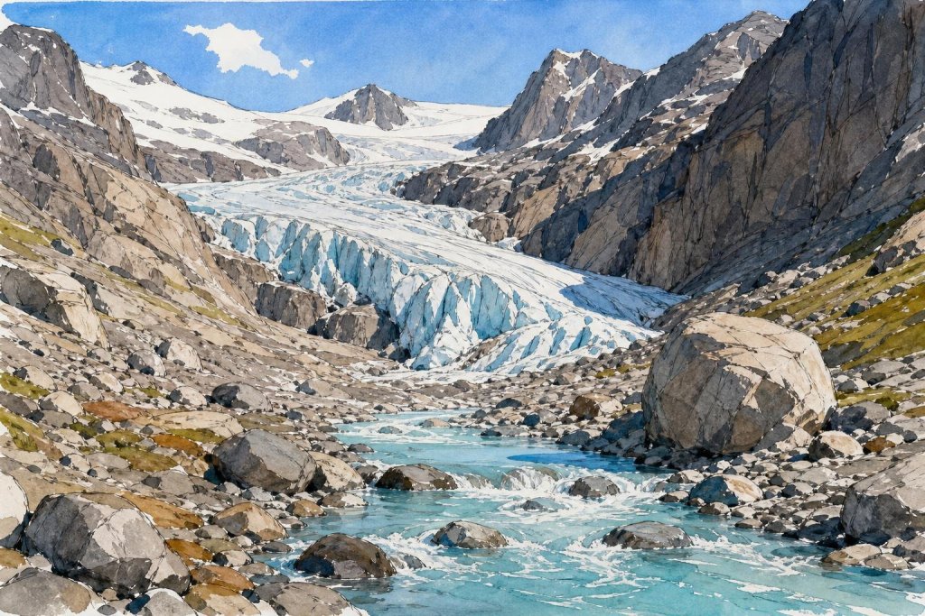 Illustration d'un glacier qui fond sur les pentes d'un plateau montagneux
